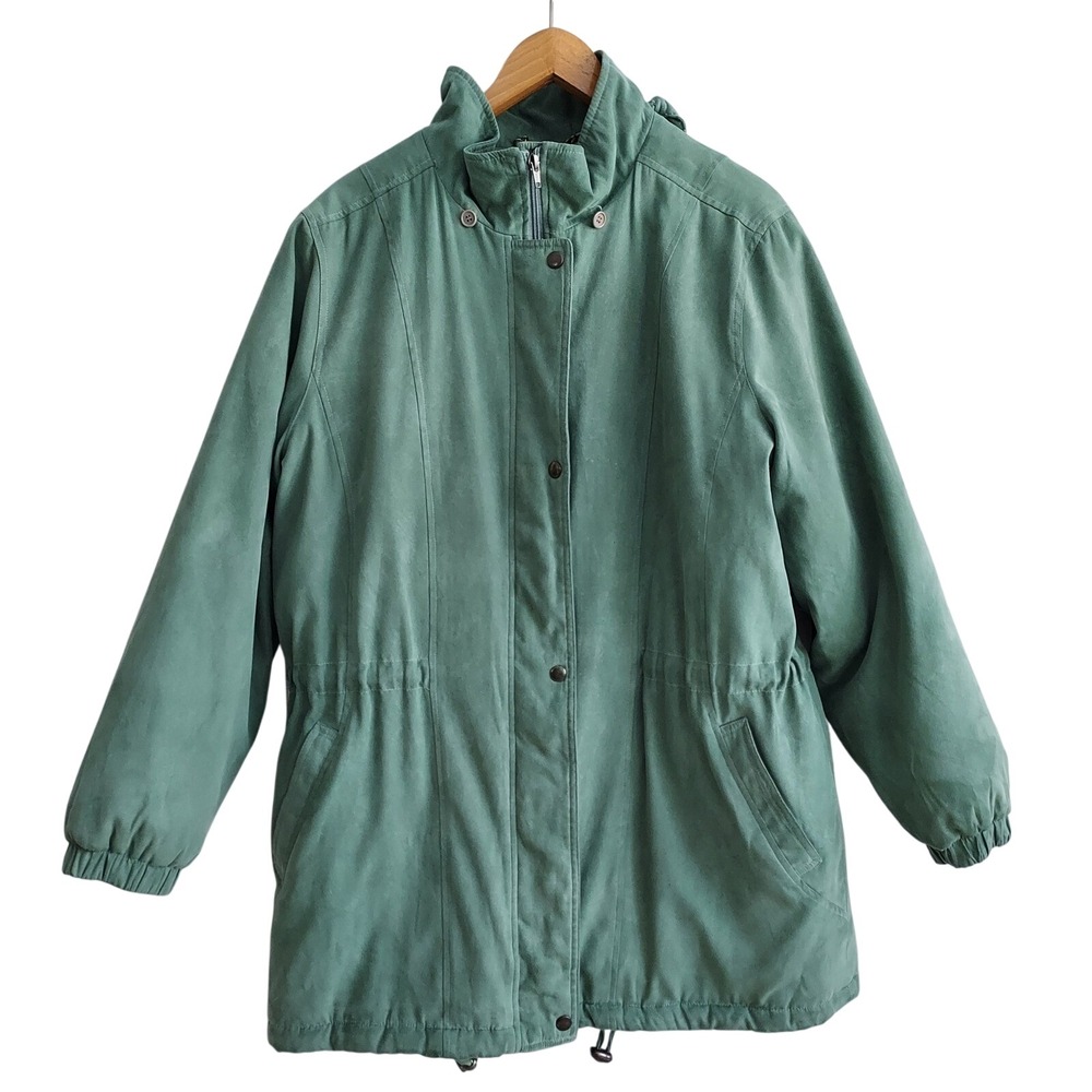 Appleseeds Womens XL Sage Green Faux Suede Quilted Lined Anorak Jacket Hooded